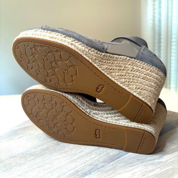 Coach Kelsi Wedge Espadrille Heathered Gray Suede Studded Sandals US Size 9.5 - Picture 11 of 12